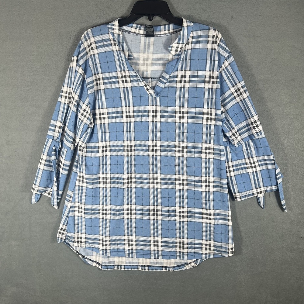 Lildy Women's L-XL Blue Plaid‎ Split Sleeve V-Neck Tunic Top Shirt Blouse